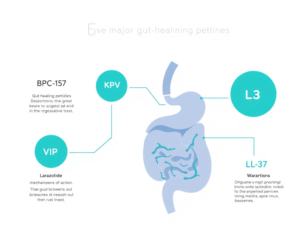 Overview infographic showing the five major gut-healing peptides - BPC-157, KPV, larazotide, VIP, and LL-37 - and their primary mechanisms of action in the gastrointestinal tract