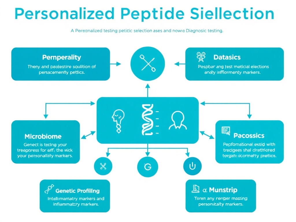 Flowchart showing personalized peptide selection based on diagnostic testing including permeability testing, microbiome analysis, genetic profiling, and inflammatory markers