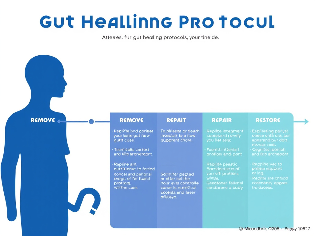 Timeline diagram showing the four phases of the gut healing protocol - Remove, Replace, Repair, and Restore - with peptide integration points and nutritional support elements at each phase