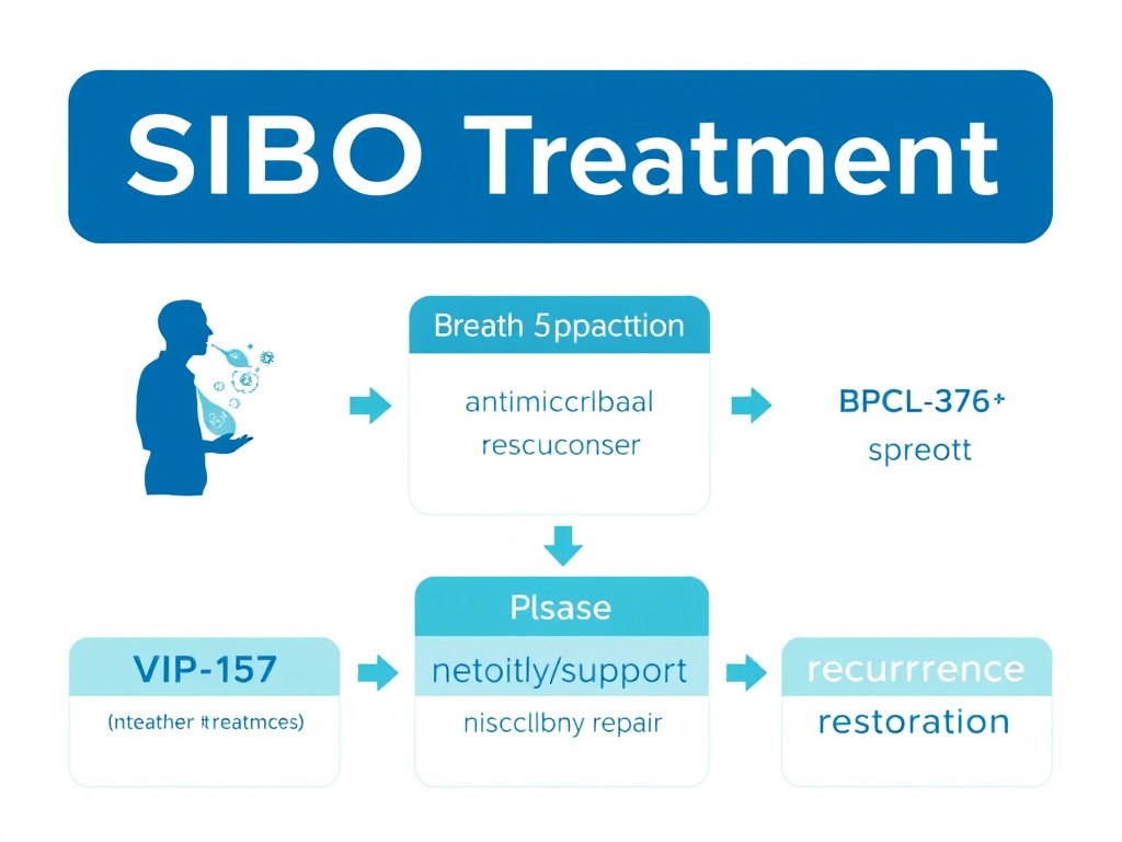 Flowchart showing SIBO treatment strategy incorporating breath testing, antimicrobial treatment with LL-37 support, BPC-157 mucosal repair, and VIP-based motility restoration for recurrence prevention