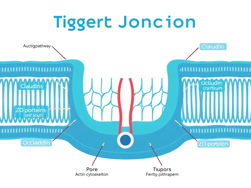 Detailed diagram of tight junction architecture showing claudins, occludin, ZO proteins, and their connection to the actin cytoskeleton, with labels for pore and leak pathways