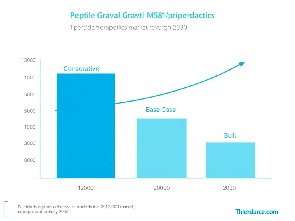 Market growth projection chart showing conservative, base case, and bull case scenarios for peptide therapeutics market through 2030