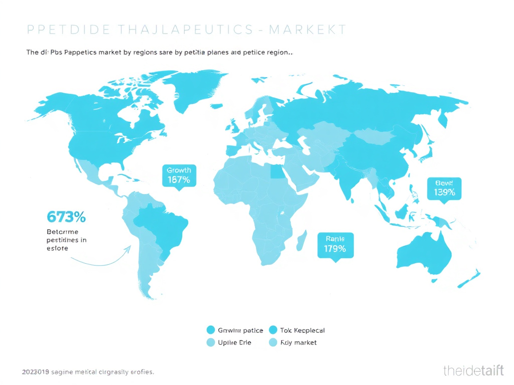 Global map showing peptide therapeutics market share by region with growth rates and key market characteristics