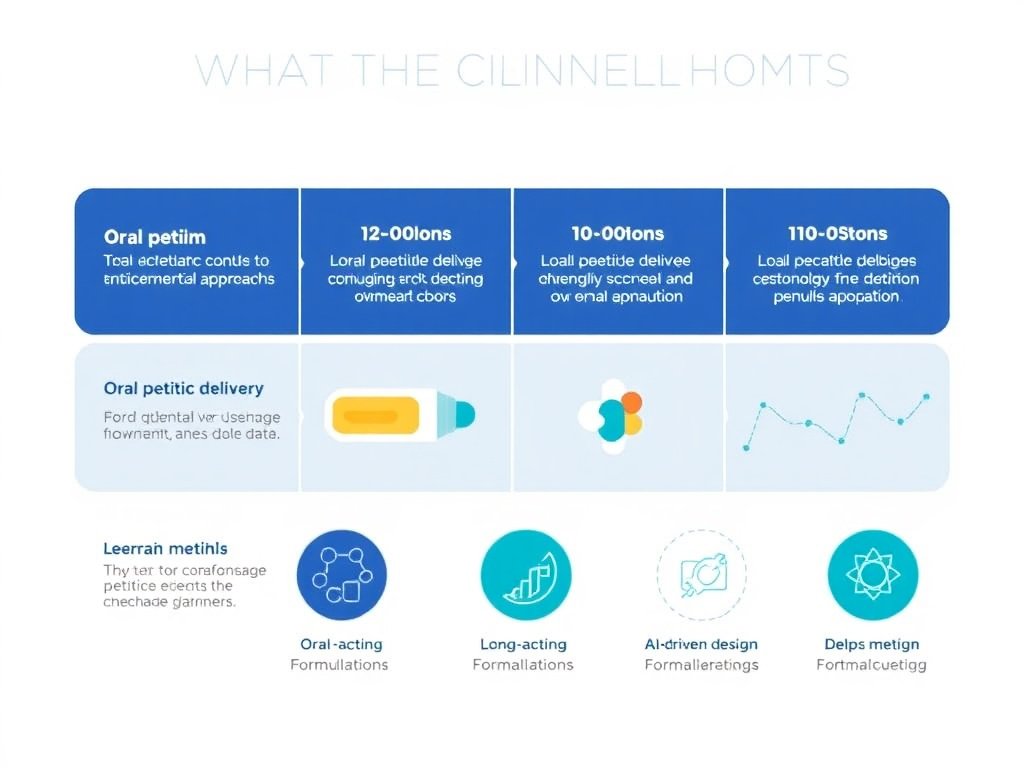 Technology comparison chart showing oral peptide delivery approaches, long-acting formulations, and AI-driven design platforms