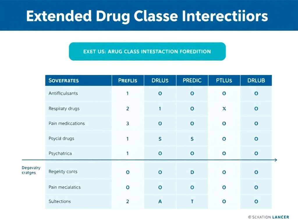 Extended drug class interaction chart showing severity ratings for peptide combinations with anticonvulsants, respiratory drugs, pain medications, and psychiatric medications