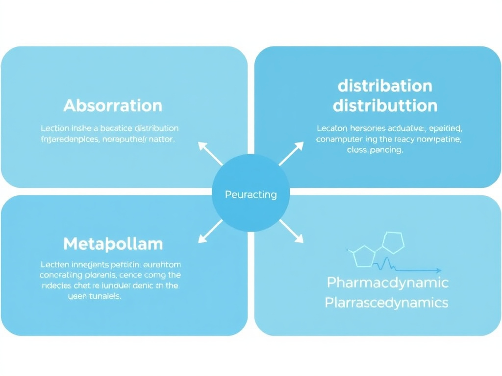 Diagram illustrating the four types of peptide-drug interactions: absorption, distribution, metabolism, and pharmacodynamic