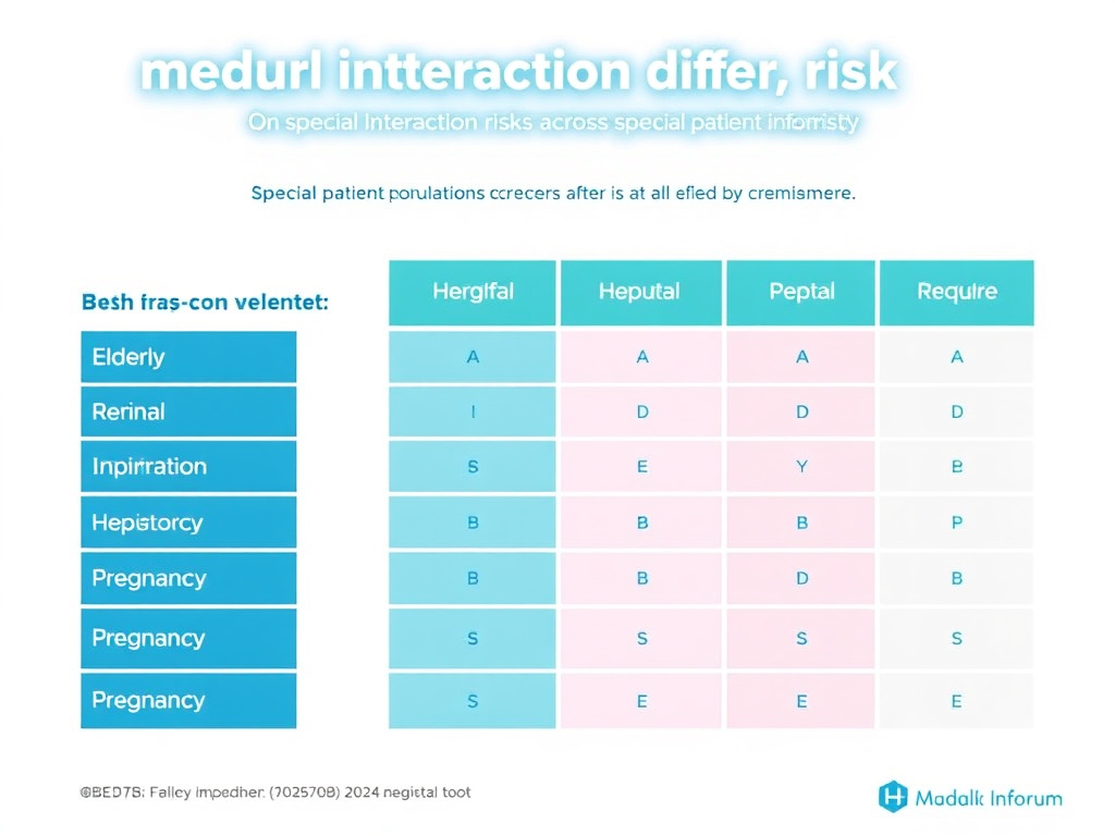Chart showing heightened interaction risk factors across special patient populations including elderly, renal impairment, hepatic impairment, and pregnancy