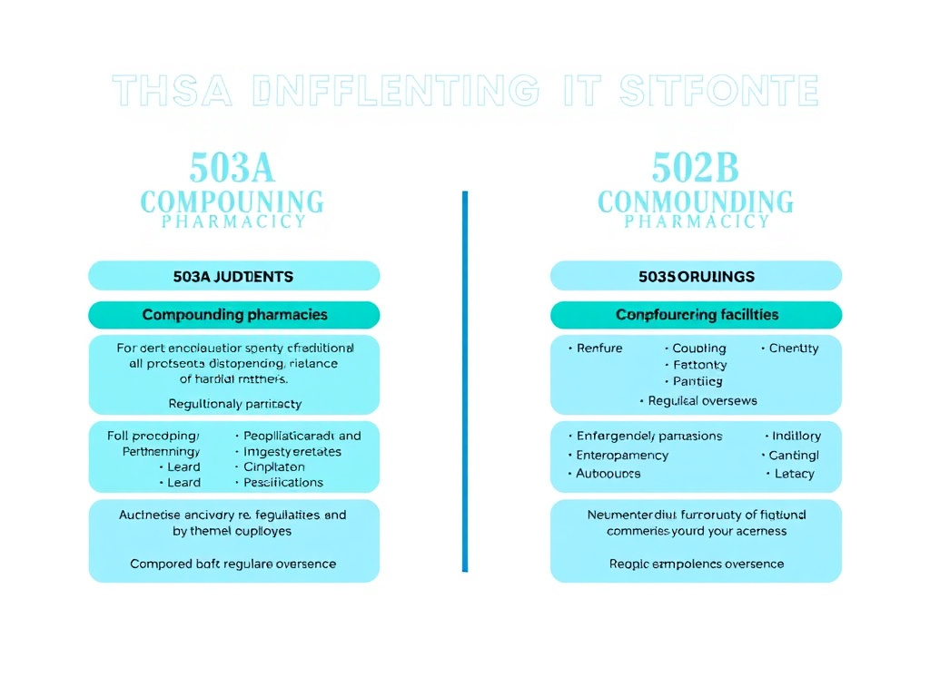 Comparison diagram of 503A traditional compounding pharmacies versus 503B outsourcing facilities showing requirements, capabilities, and regulatory oversight differences