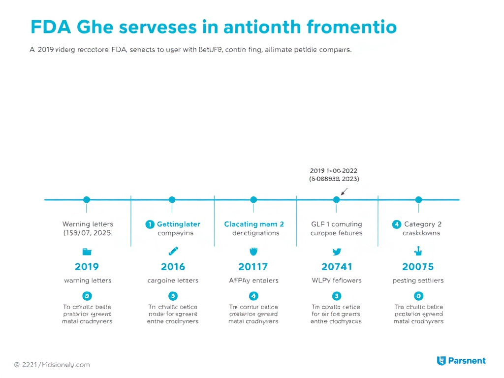 Timeline showing major FDA enforcement actions against peptide companies from 2019 through 2025, including warning letters, Category 2 designations, and GLP-1 compounding crackdowns