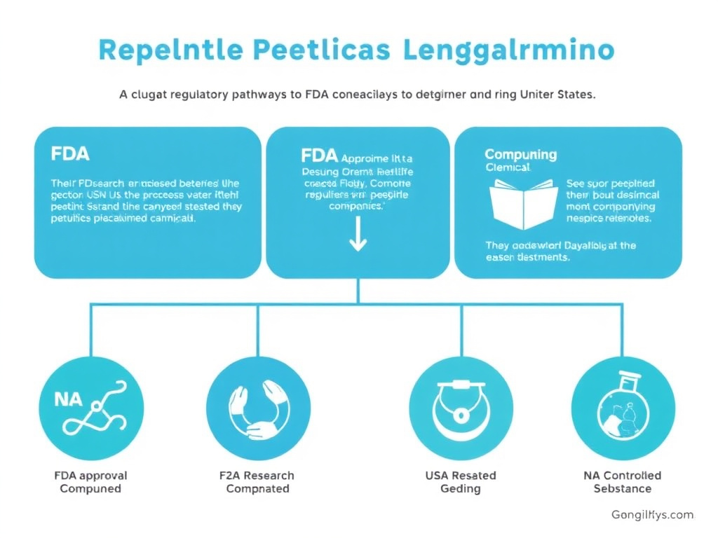 Infographic showing the multiple regulatory pathways that determine peptide legality in the United States, including FDA approval, compounding, research chemicals, and controlled substance scheduling