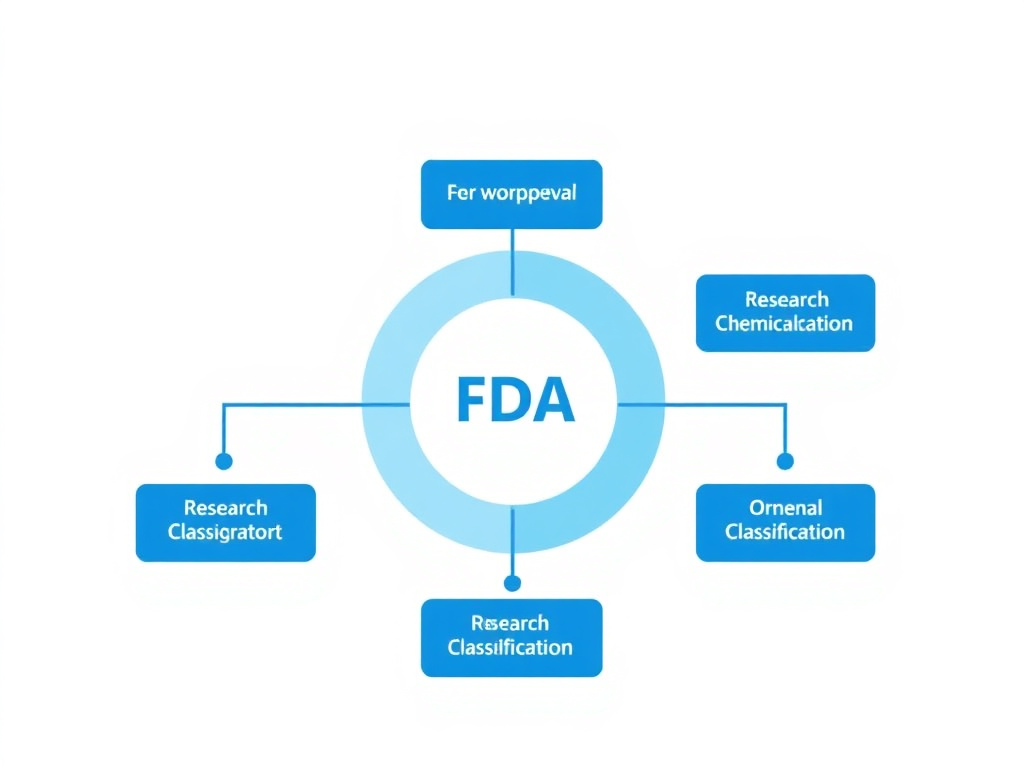 Flowchart showing FDA regulatory pathways for peptide products, from NDA approval through compounding to research chemical classification