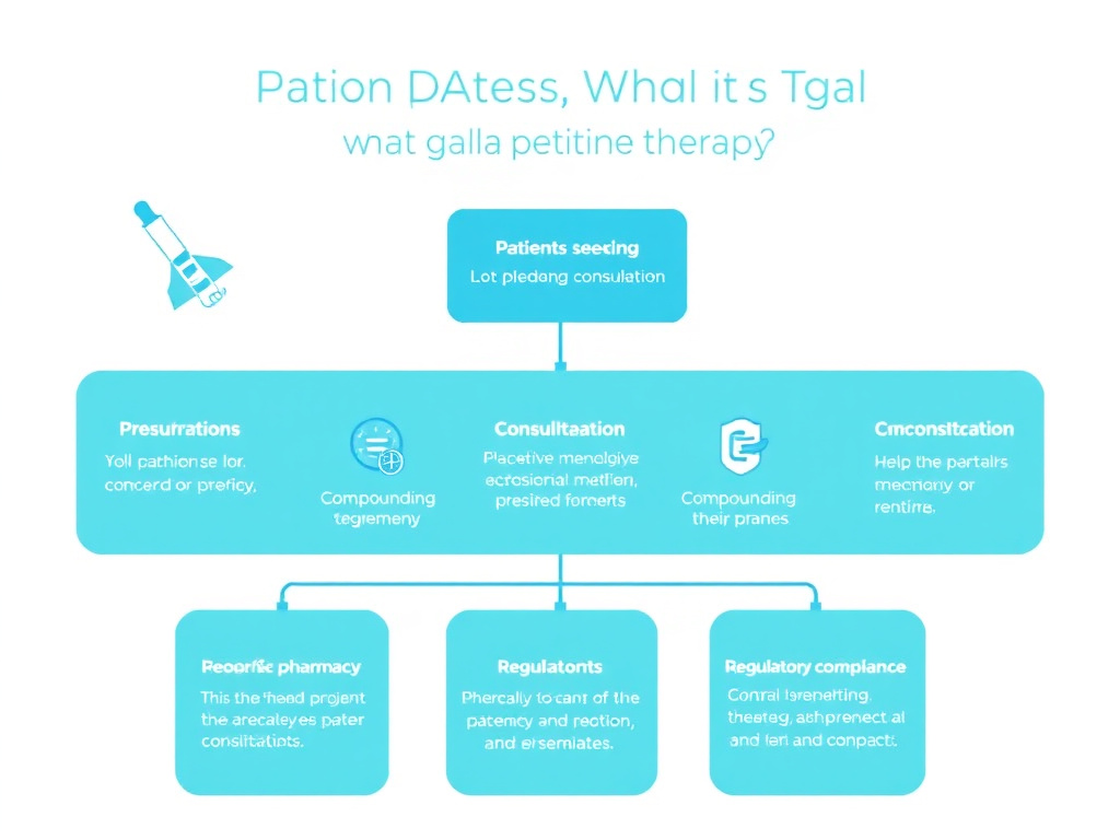 Decision tree for patients seeking legal peptide therapy showing pathways through prescriber consultation, compounding pharmacy, and regulatory compliance checkpoints