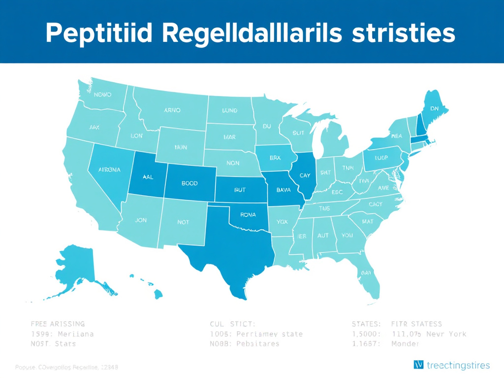 Color-coded map of the United States showing peptide regulatory strictness by state, from permissive states like Arizona and Florida to strict states like California and New York