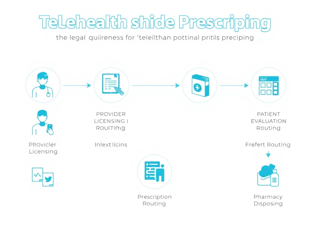 Flowchart showing the legal requirements for telehealth peptide prescribing including provider licensing, patient evaluation, prescription routing, and pharmacy dispensing