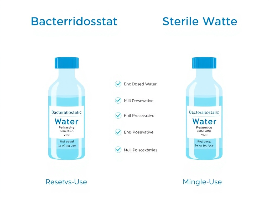 Side-by-side comparison of bacteriostatic water vial and sterile water vial showing labels, preservative content, and multi-dose vs single-use designations