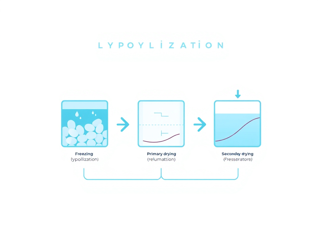 Three-phase lyophilization process diagram showing freezing, primary drying (sublimation), and secondary drying stages with temperature and pressure curves