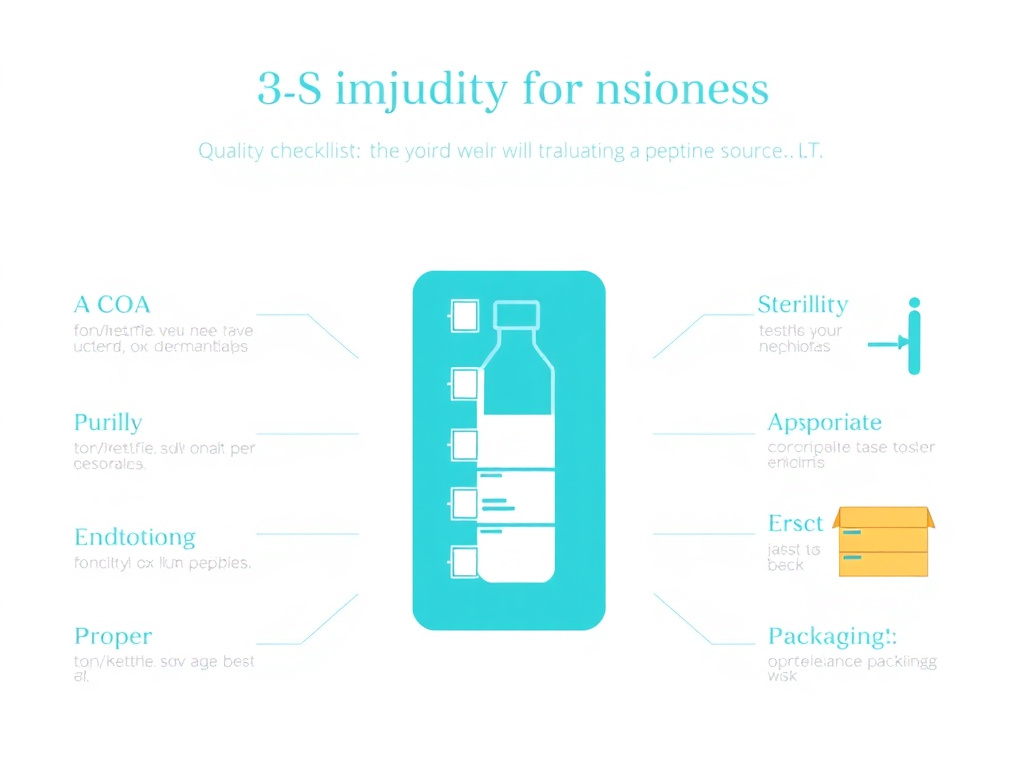 Quality checklist infographic showing the key items to verify when evaluating a peptide source: COA, HPLC purity, sterility testing, endotoxin limits, proper labeling, and appropriate packaging
