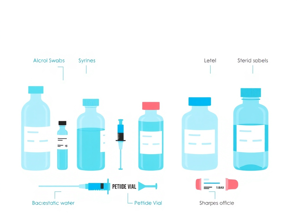 Clean workspace layout showing all required supplies for sterile peptide reconstitution and injection: alcohol swabs, syringes, bacteriostatic water, peptide vial, sharps container, and labels