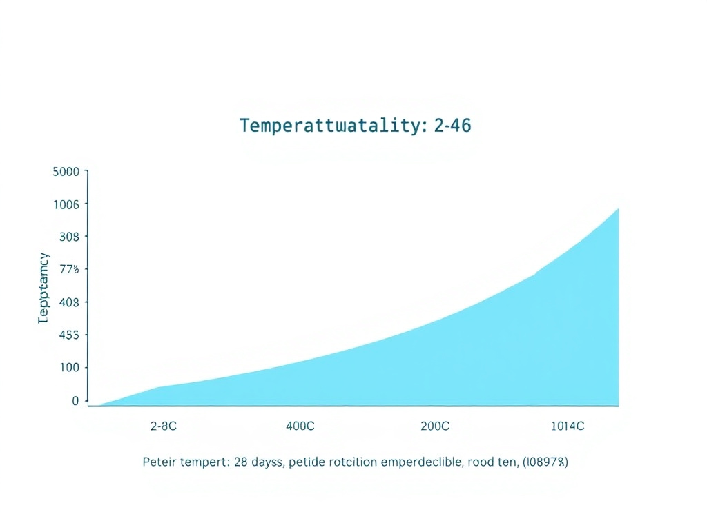 Temperature stability chart showing peptide potency over time at different storage temperatures, with 2-8C showing 90-95% retention at 28 days versus rapid decline at room temperature