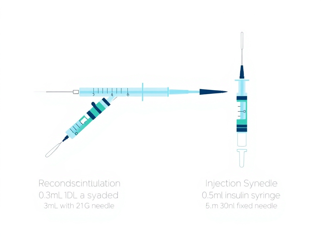 Side-by-side comparison of reconstitution syringe (3mL with 21G needle) and injection syringe (0.5mL insulin syringe with 30G fixed needle) with labeled parts