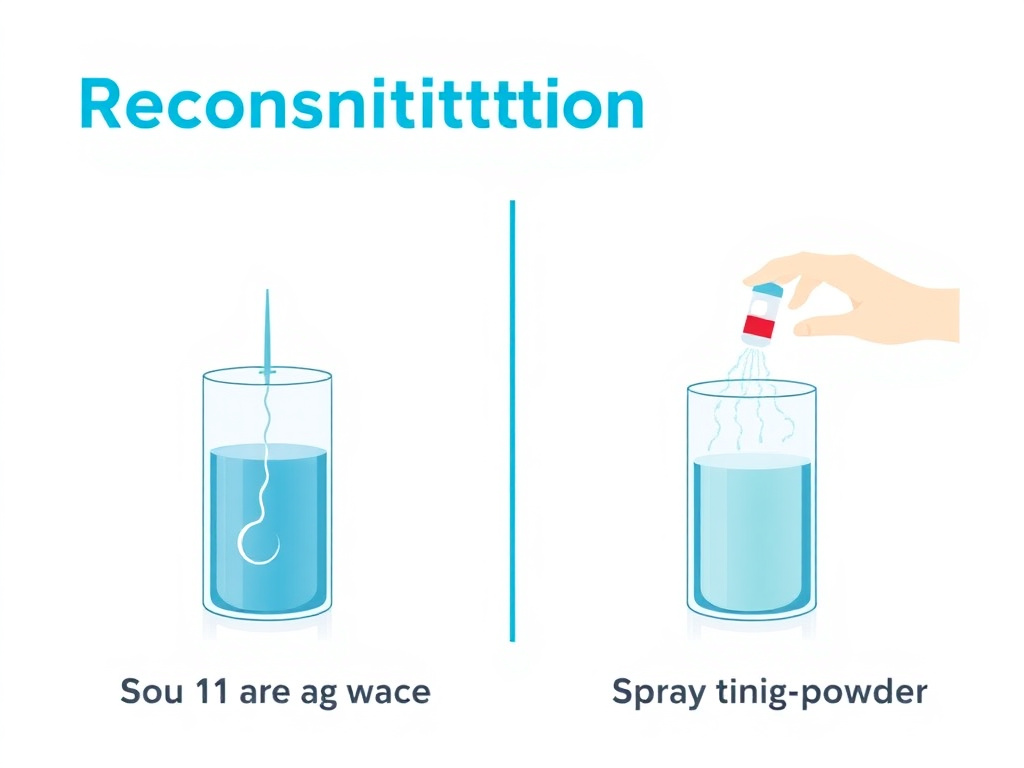 Correct reconstitution technique showing needle angled against vial wall with water trickling down glass interior, versus incorrect technique of spraying water directly onto powder
