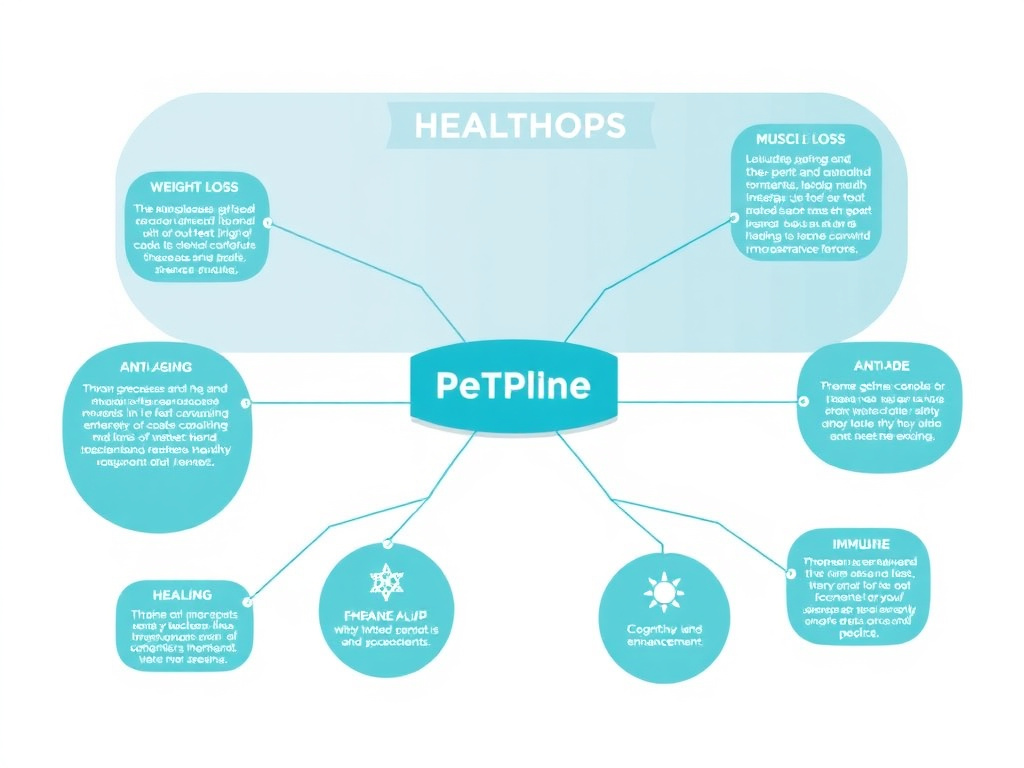 Visual mind map showing peptide applications organized by health goal including weight loss, muscle building, anti-aging, immune support, cognitive enhancement, and healing