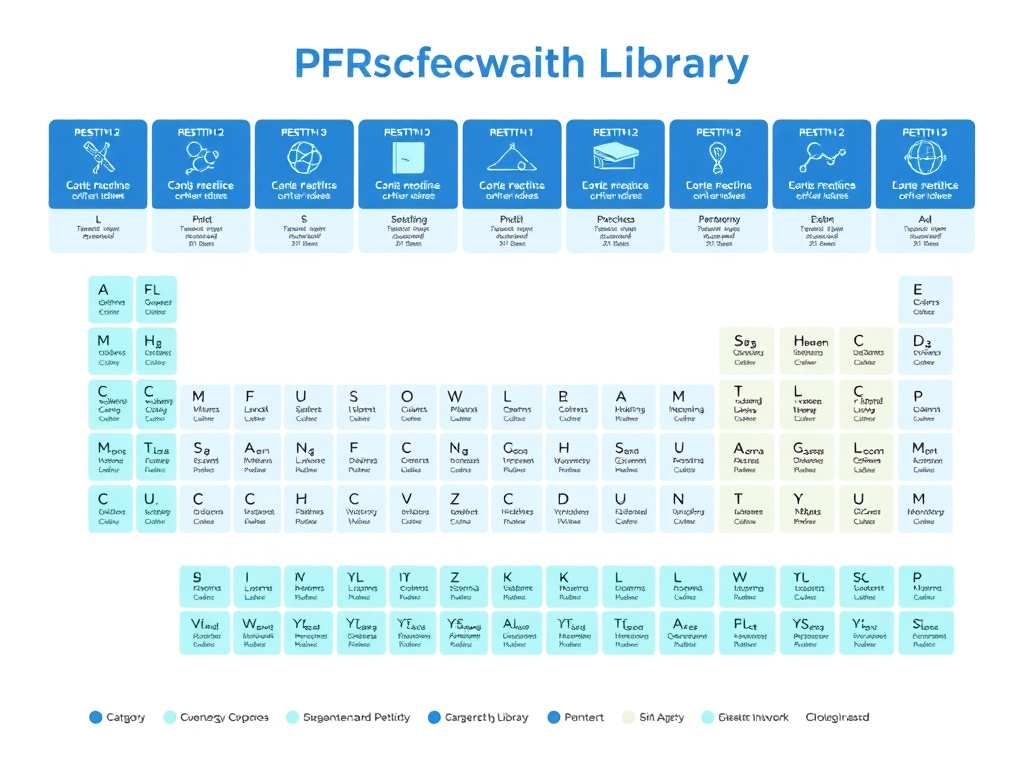 Organized periodic-table style display of all peptide compounds covered in the research library, color-coded by category