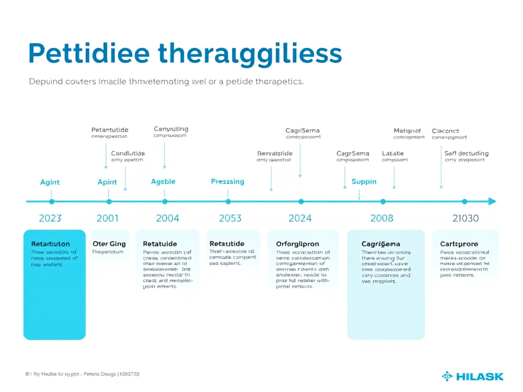 Timeline infographic showing the peptide therapeutics pipeline from 2025 to 2030 with expected milestones for retatrutide, orforglipron, CagriSema, and other pipeline compounds