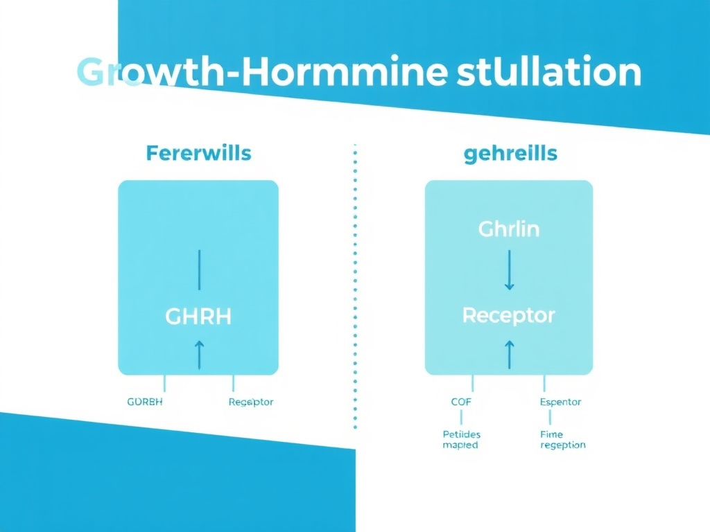 Diagram showing the two pathways of growth hormone stimulation - GHRH receptor and ghrelin receptor - with specific peptides mapped to each pathway