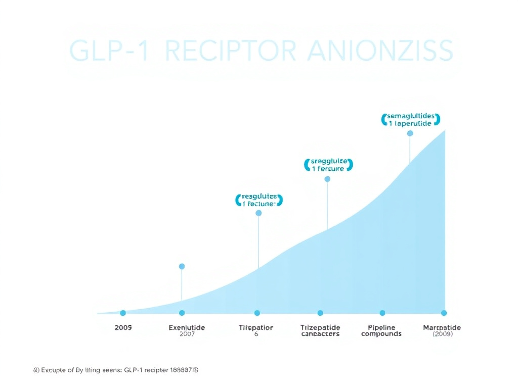 Chart showing the evolution of GLP-1 receptor agonists from exenatide (2005) through semaglutide, tirzepatide, and pipeline compounds