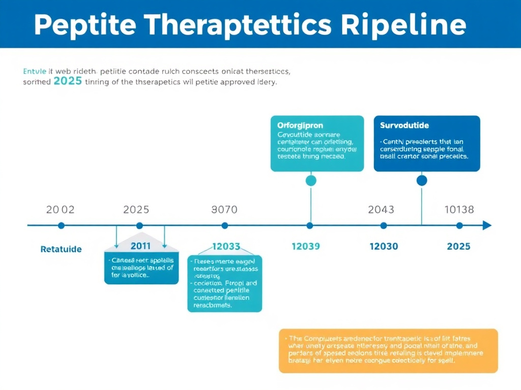Timeline showing peptide therapeutics pipeline from 2025 to 2030 with expected approval dates for major compounds including retatrutide, orforglipron, and survodutide
