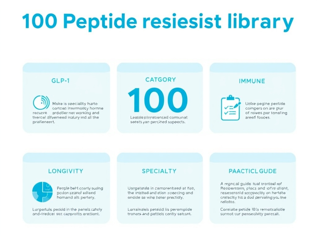 Visual overview of the 100-report peptide research library organized by category showing GLP-1, growth hormone, longevity, immune, specialty, and practical guide sections
