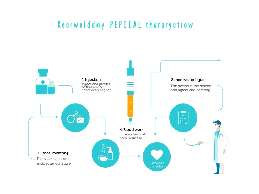 Infographic showing the peptide therapy workflow from reconstitution through injection technique, blood work monitoring, and provider consultation