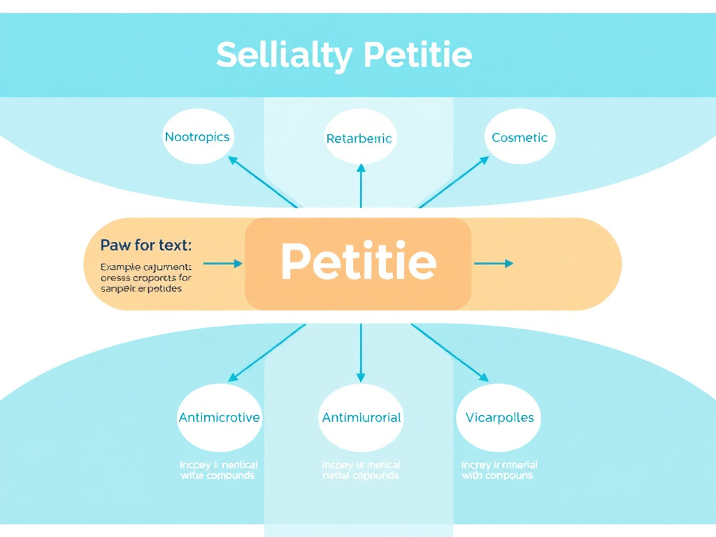 Visual map of specialty peptide categories including nootropics, metabolic, reproductive, cosmetic, antimicrobial, and sleep peptides with example compounds