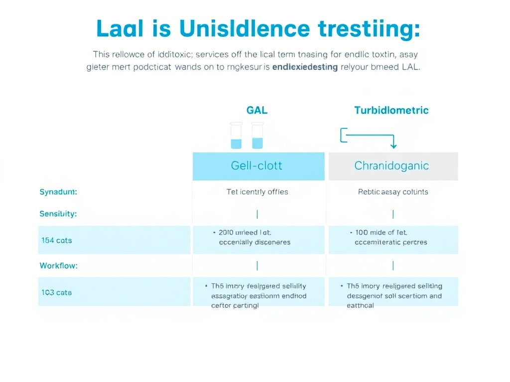Comparison diagram of the three LAL assay methods for endotoxin testing: gel-clot, turbidimetric, and chromogenic, showing their sensitivity ranges and workflow steps