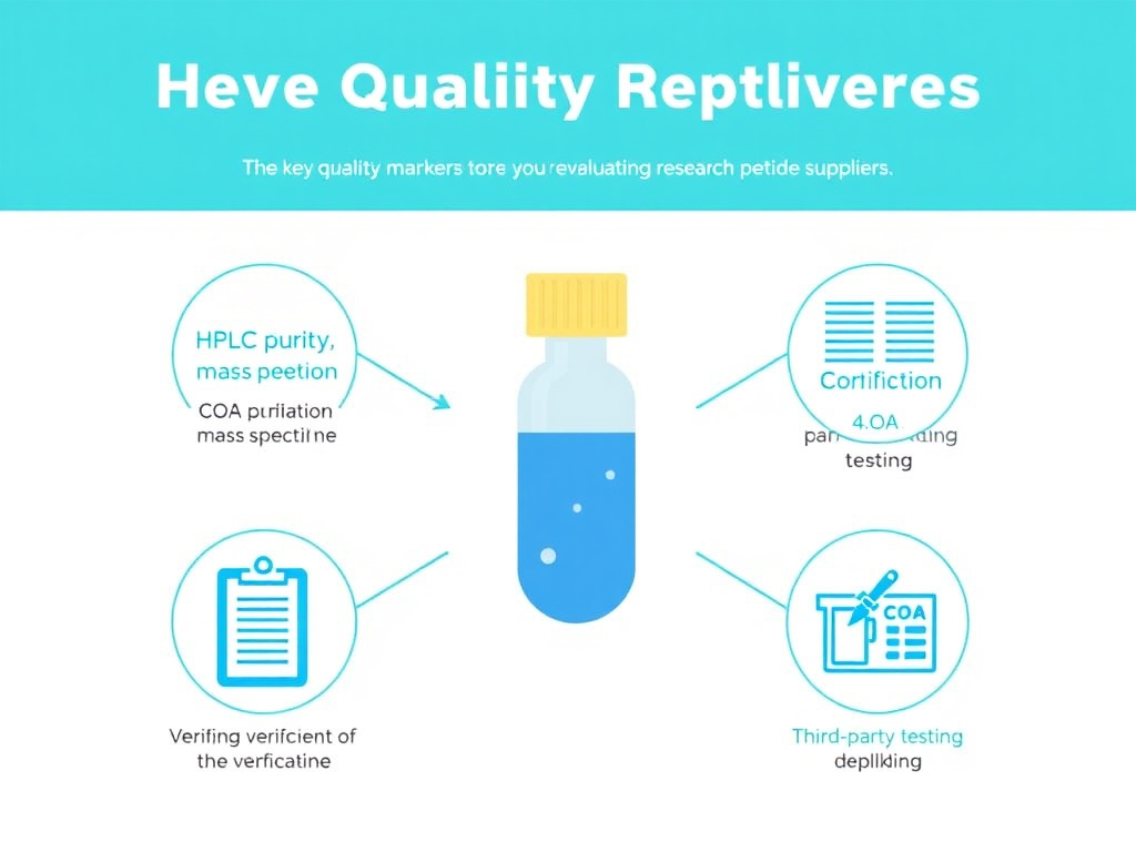 Infographic showing the key quality markers for evaluating research peptide suppliers, including HPLC purity, mass spectrometry, COA verification, and third-party testing