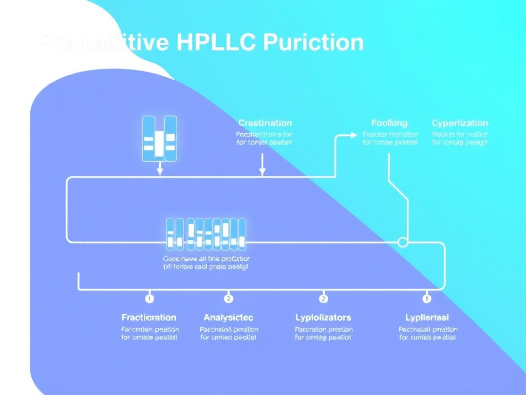 Diagram showing the preparative HPLC purification workflow for research peptides, from crude dissolution through fraction collection, analysis, pooling, and lyophilization