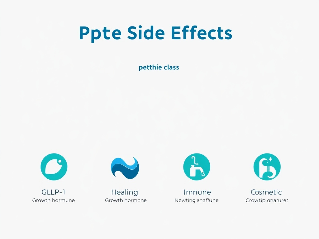 Visual overview of peptide side effect categories organized by peptide class showing GLP-1, growth hormone, healing, nootropic, immune, and cosmetic peptide families