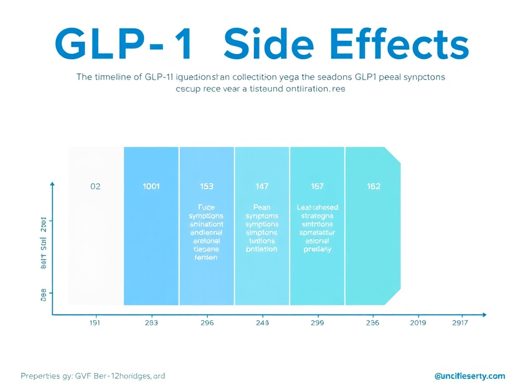 Timeline chart showing the typical progression of GLP-1 gastrointestinal side effects from weeks 1 through 16 demonstrating peak symptoms during titration and gradual improvement