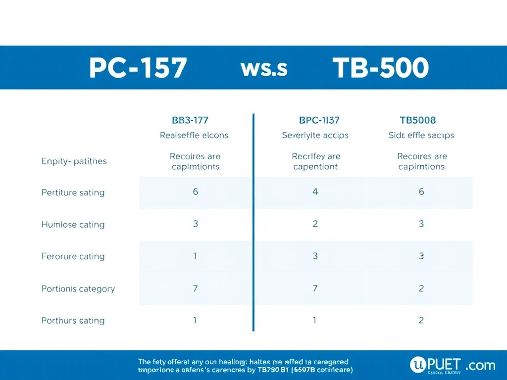 Safety comparison chart for healing peptides BPC-157 and TB-500 showing side effect severity ratings across categories