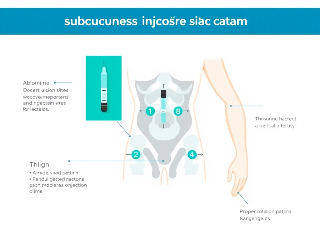 Anatomical diagram showing recommended subcutaneous injection sites for peptides including abdomen, thigh, upper arm, and proper rotation patterns