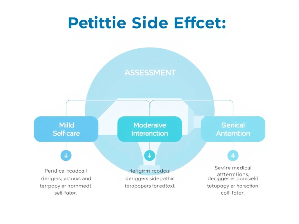 Decision flowchart for peptide side effect management showing assessment steps from mild self-care through moderate intervention to severe medical attention thresholds