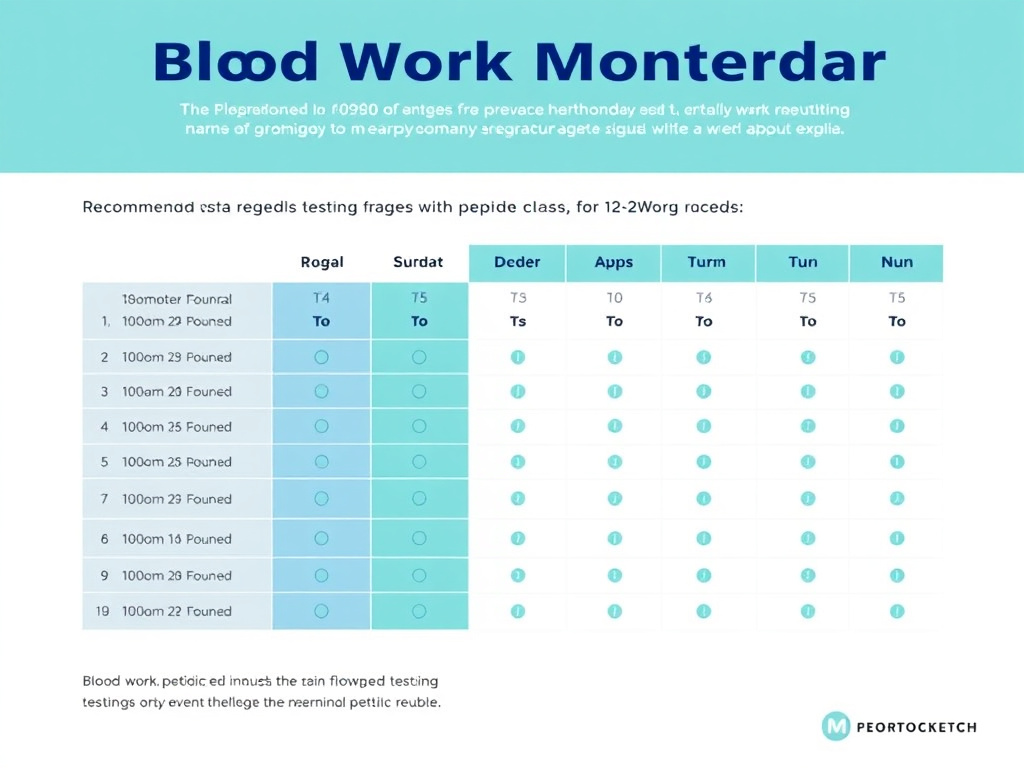 Blood work monitoring calendar for peptide therapy showing recommended testing frequencies for each peptide class across a 12-month timeline
