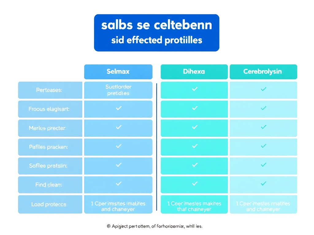 Side-by-side comparison of nootropic peptide side effect profiles for Selank, Semax, Dihexa, and Cerebrolysin