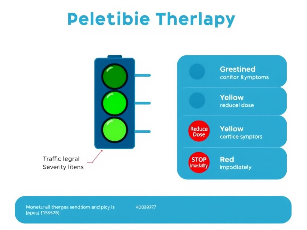 Traffic light severity chart showing green continue and monitor symptoms, yellow reduce dose symptoms, and red stop immediately symptoms for peptide therapy