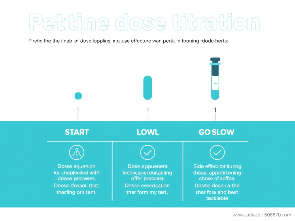 Visual guide to peptide dose titration showing the start low go slow principle with dose escalation stages and side effect monitoring checkpoints