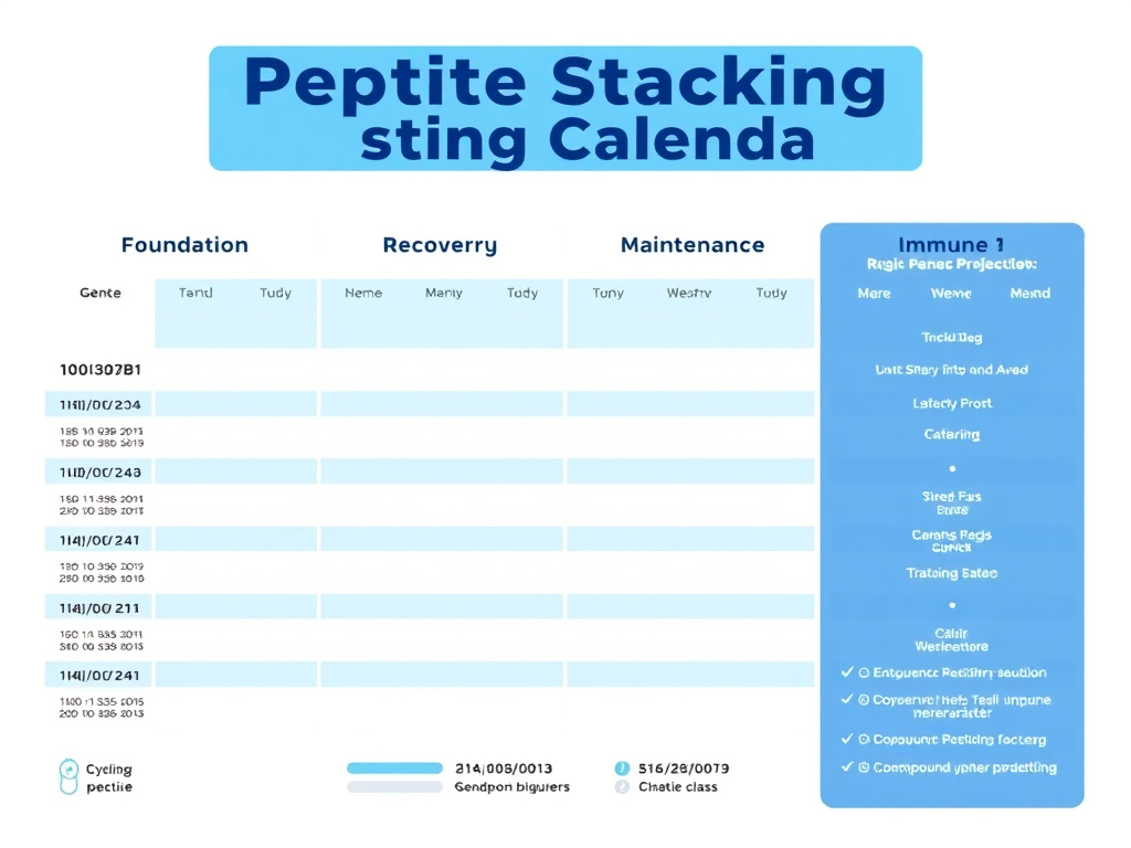 Annual peptide stacking calendar showing quarterly focus areas - Foundation, Recovery, Maintenance, and Immune Preparation - with cycling schedules for each compound class