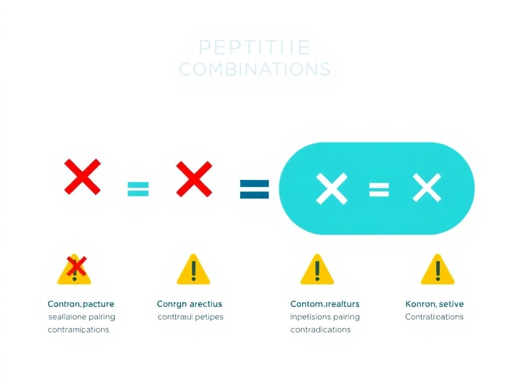 Warning infographic showing contraindicated peptide combinations with red X marks for dangerous pairings and yellow caution signs for relative contraindications