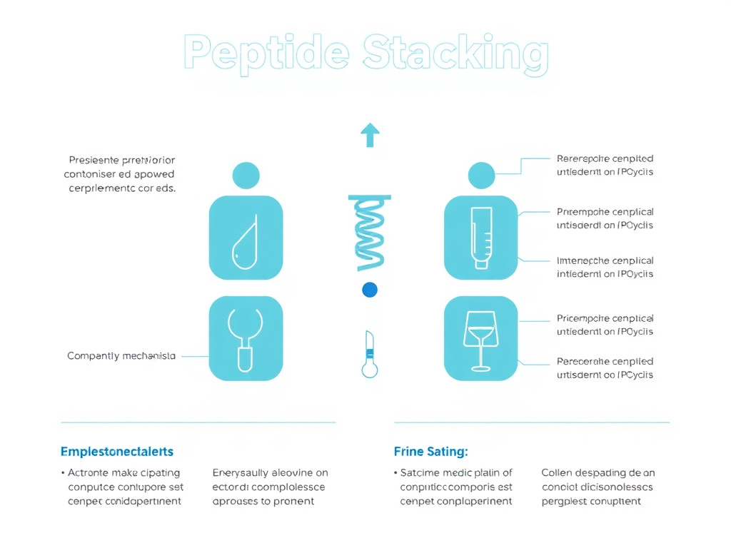 Infographic showing an overview of peptide stacking principles including complementary mechanisms, timing, cycling, and safety considerations