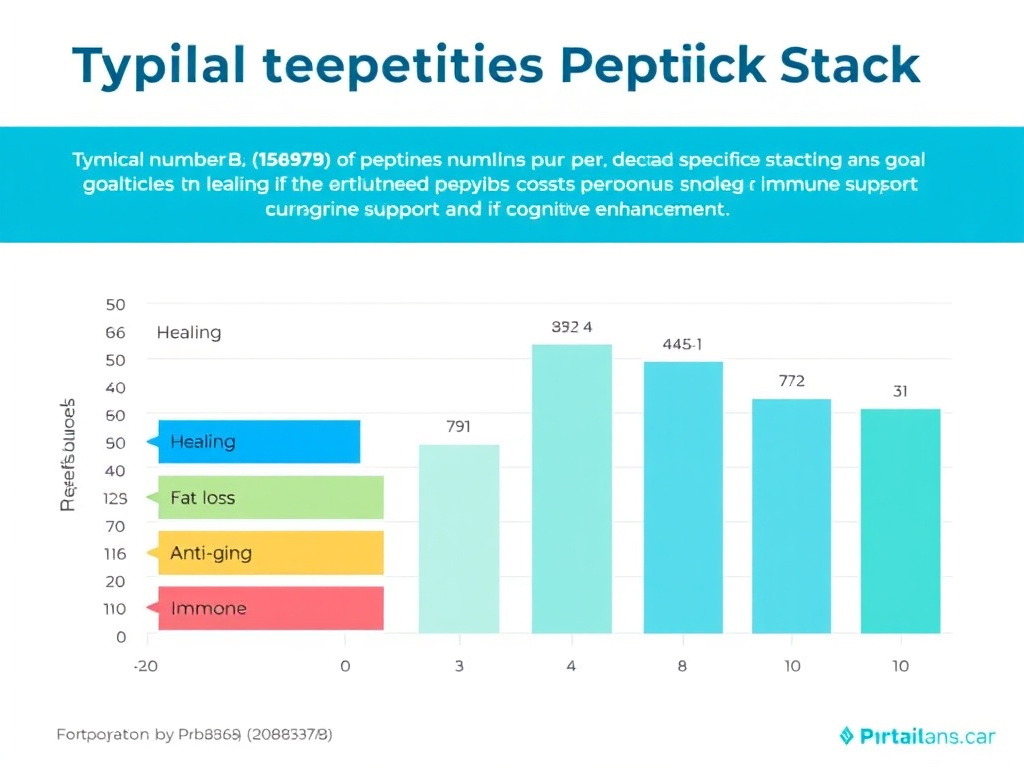 Bar chart showing typical number of peptides per goal-specific stack across six categories: GH optimization, healing, fat loss, anti-aging, immune support, and cognitive enhancement